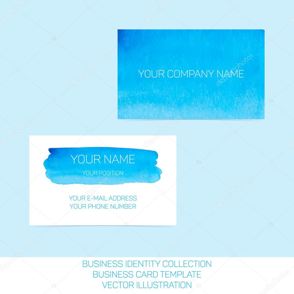Business identity collection: blue and turquoise watercolor. Front and back sides for business card template. Vector Illustration EPS10.