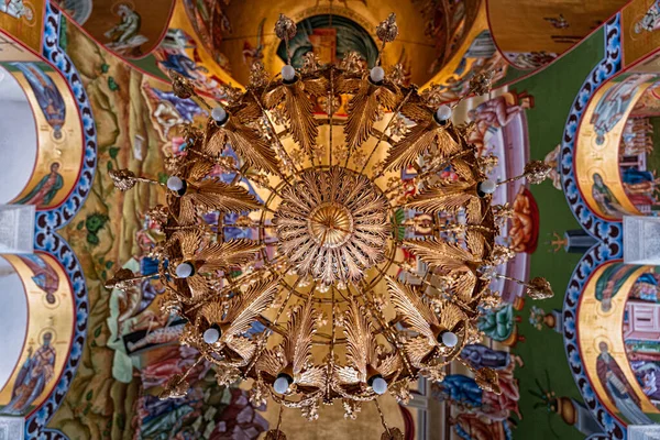 Directement Dessous Lustre Doré Intérieur Monastère Agios Gerasimos — Photo