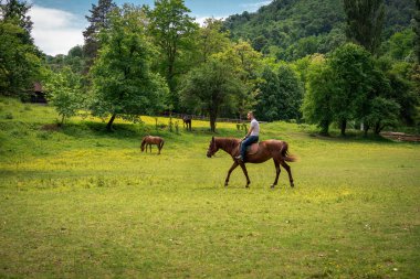 Genç adam ata binmekten zevk alıyor.