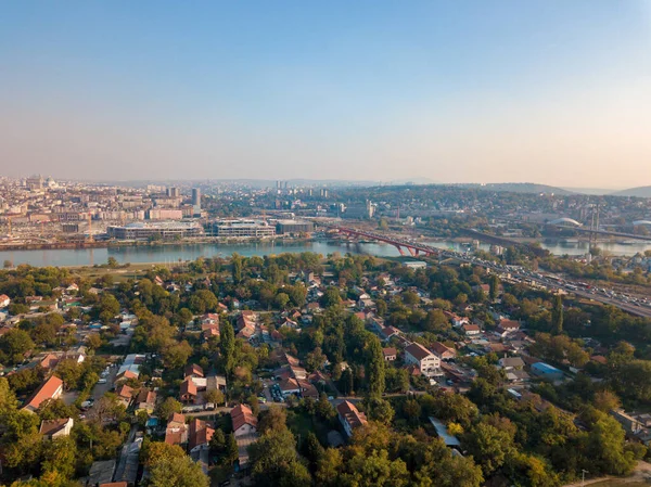 Letecký Pohled Dopravní Zácpu Přes Most Gazela Bělehradě Řece Sávě — Stock fotografie