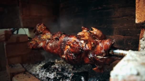 Serbian Pecenje Roasted Pig Skewer Turning Hot Ash Orthodox Event — Stock Video