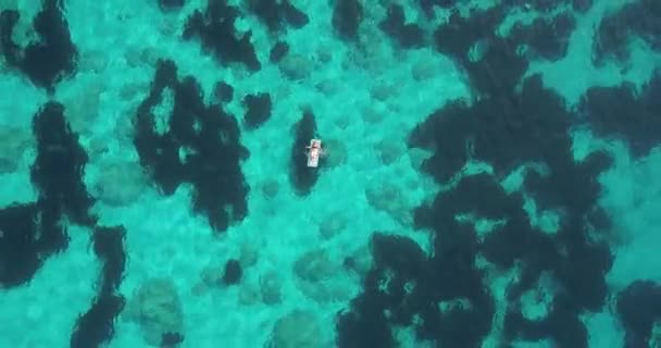 Kefalonia Sahilinin Berrak Sularının Ortasında Şişirilebilir Bir Konuda Güneşlenen Bir — Stok video