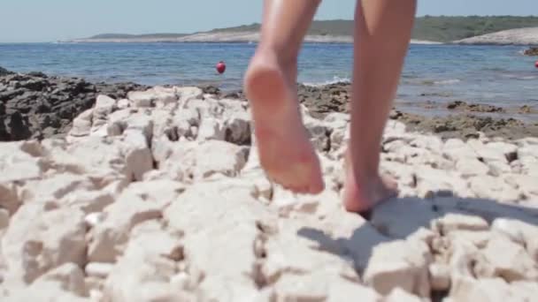 Girl Walking Barefoot Rocky Beach Island Hvar — Stock Video