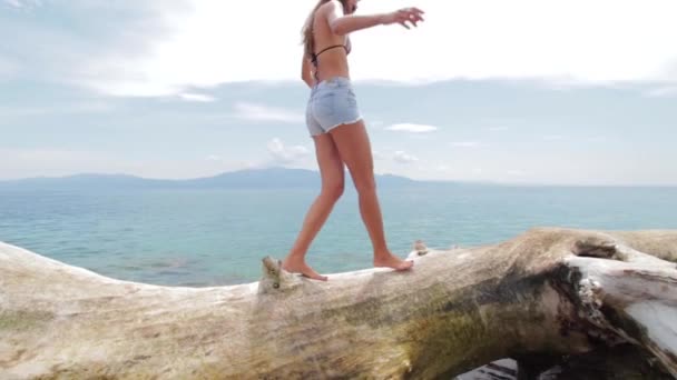 Chica Guapa Caminando Saltando Tronco Por Playa — Vídeo de stock