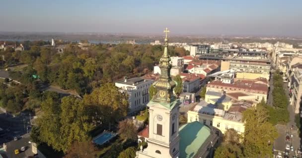 Luchtfoto Van Kathedraal Van Saborna Crkva Rivier Sava Belgrado — Stockvideo