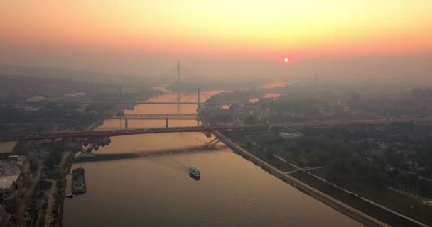 Aerial View Thick Smog Belgrade Waterfront Bridges — Stock Video