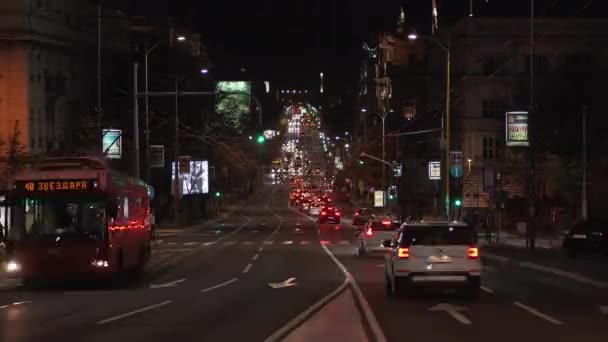 Kneza Milosa Street Night Time Lapse Passing Vehicles Belgrade Downtown — Stock Video