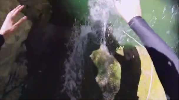 Frontflip Sprung Ins Wasser Bei Einem Canyoning Abenteuer — Stockvideo