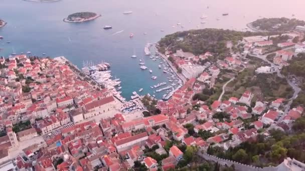 旧市街Hvarと異なる航海船が停泊する美しいマリーナ — ストック動画