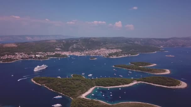 Drone View Passing Boats Large Cruise Ship Close Island Hvar — Stock Video