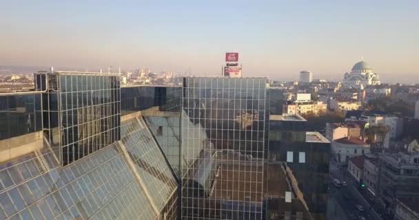 Drone Vista Plaza Slavija Banco Nacional Serbio Belgrado — Vídeos de Stock