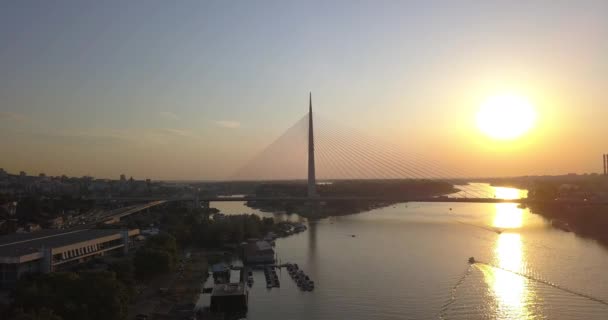 Luchtfoto Van Ada Brug Belgrado Bij Zonsondergang — Stockvideo