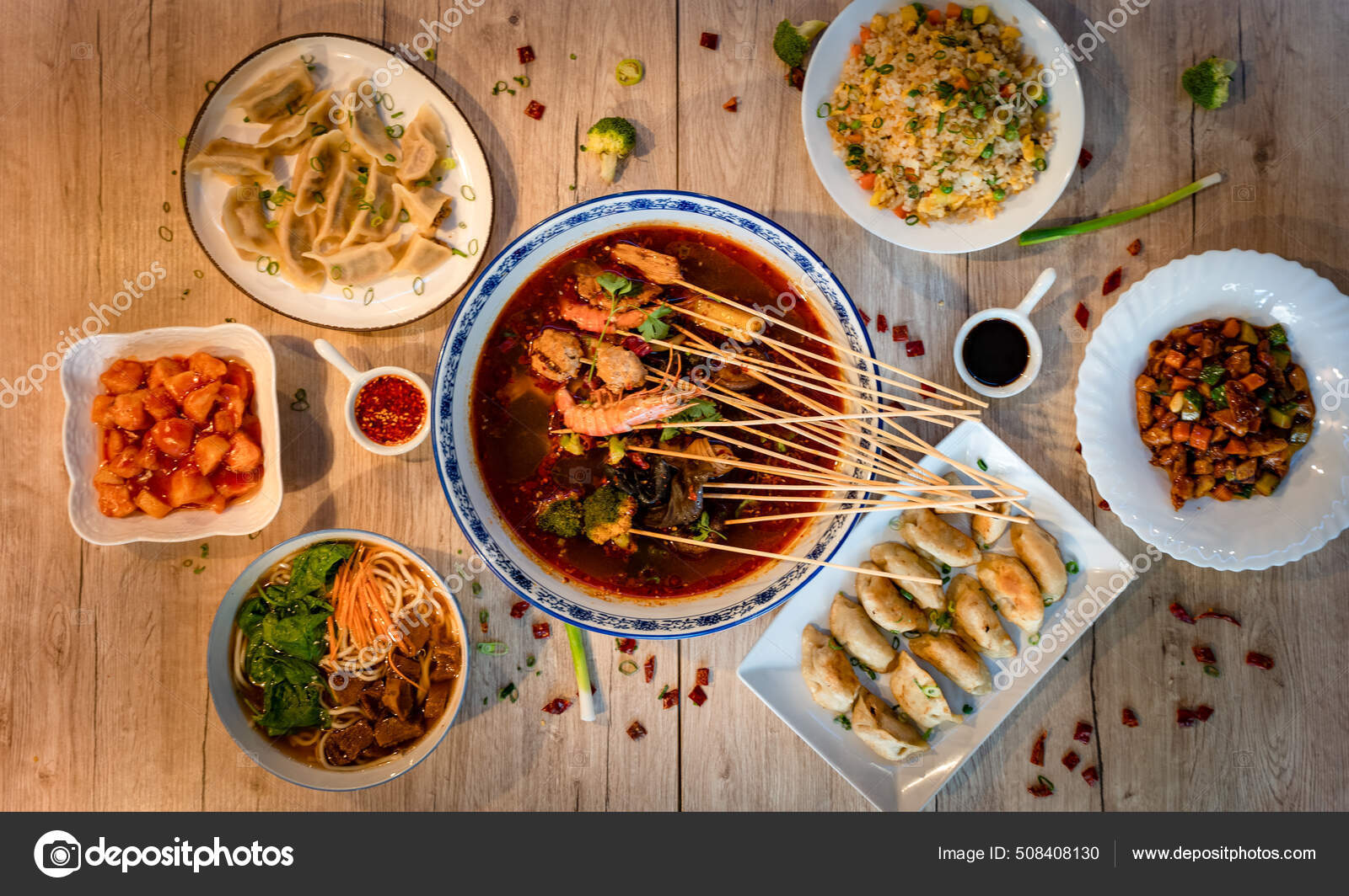 Different Chinese Traditional Dishes Table Hotpot Dumplings Fried Rice