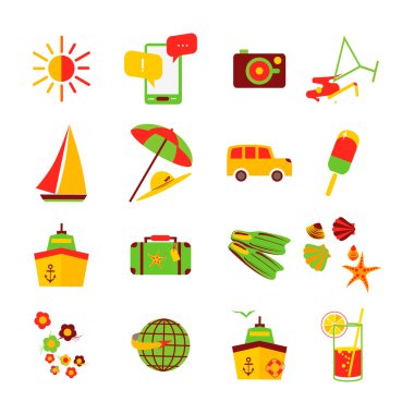 Seyahat yaz düz simge tasarlamak ayarla. Vektör çizim