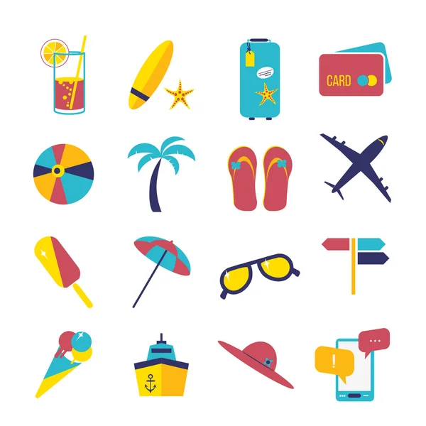 Viaggio estate piatto icona illustrazione set. Illustrazione vettoriale — Vettoriale Stock