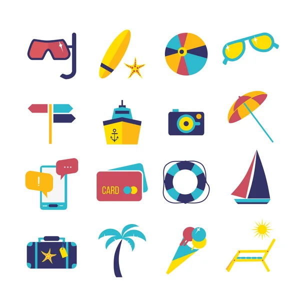 Viaje verano icono plano conjunto de ilustración. Ilustración vectorial — Archivo Imágenes Vectoriales