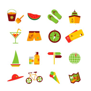 Seyahat yaz düz simge tasarlamak ayarla. Vektör çizim