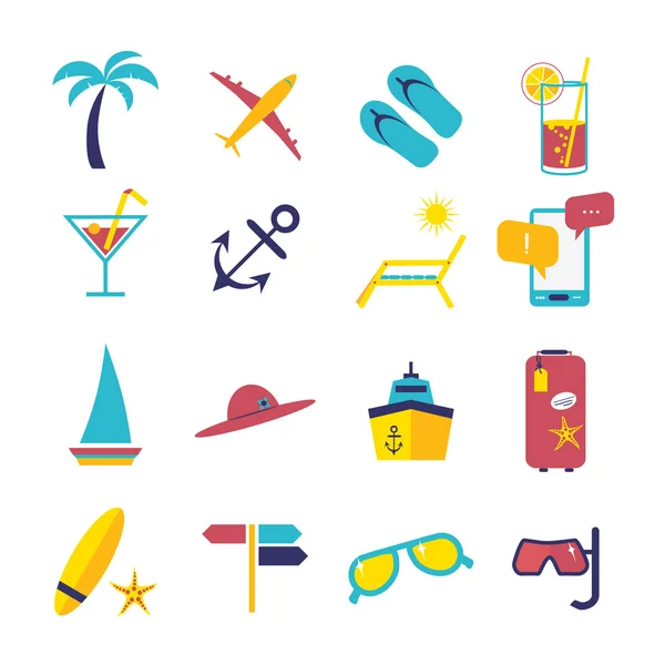 Viaje verano icono plano conjunto de ilustración. Ilustración vectorial — Archivo Imágenes Vectoriales