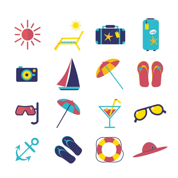 Viaje verano icono plano conjunto de ilustración. Diseño plano estilo moderno vector ilustraciones de viajar en avión, la planificación de unas vacaciones de verano, turismo y objetos de viaje — Archivo Imágenes Vectoriales