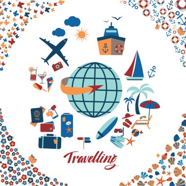 Plaj düz hat arka plan seyahat. Vektör çizim.