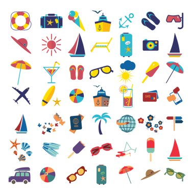 Travel beach flat calligraphy background. Flat design style modern vector illustration icons set of travelin