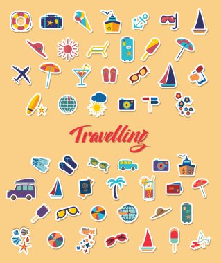Travel beach flat calligraphy background. Flat design style modern vector illustration icons set of travelin