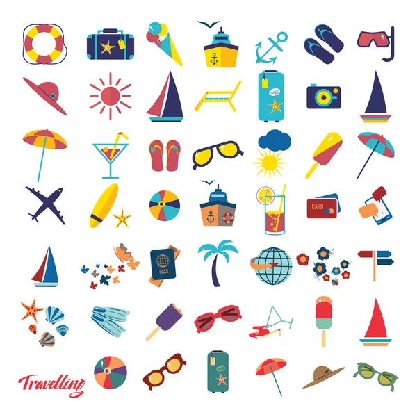 Travel beach flat calligraphy background. Flat design style modern vector illustration icons set of travelin — ストックベクタ