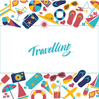 Travel beach flat calligraphy background.