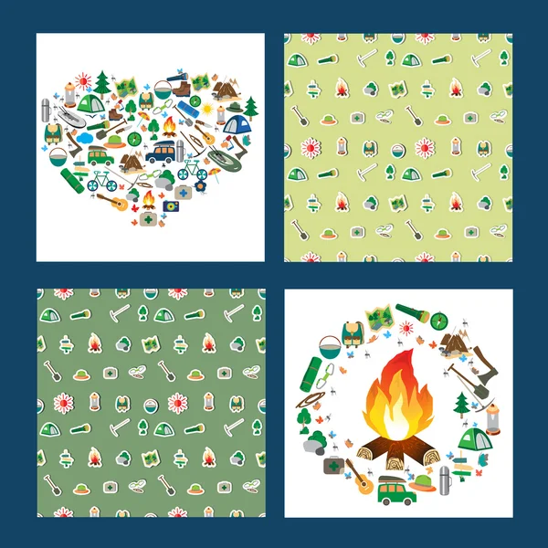 Seamless summer camp pattern(2 sets). Icons are on a green background. And two sets with icons about camping. — Stock vektor