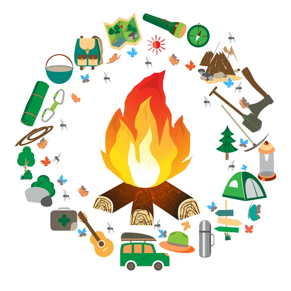 Illustration Featuring a Camp Fire Burning Brightly. — Stock Vector