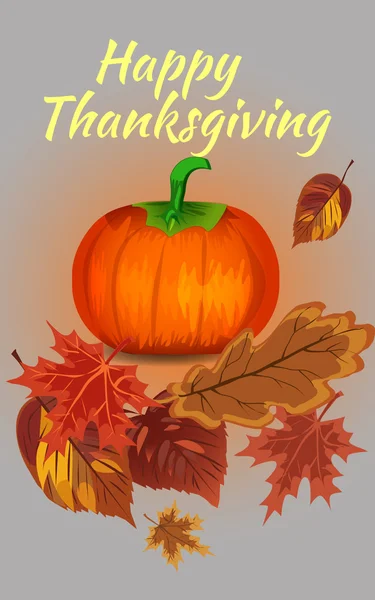 Feliz Día de Acción de Gracias concepto con calabaza en el fondo de las hojas de otoño — Vector de stock