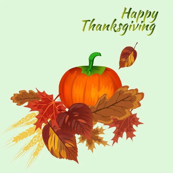 Feliz Día de Acción de Gracias concepto con calabaza en el fondo de las hojas de otoño — Vector de stock