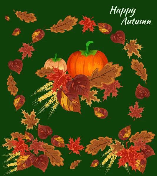 Happy herfst concept met pompoen op herfst bladeren achtergrond — Stockvector