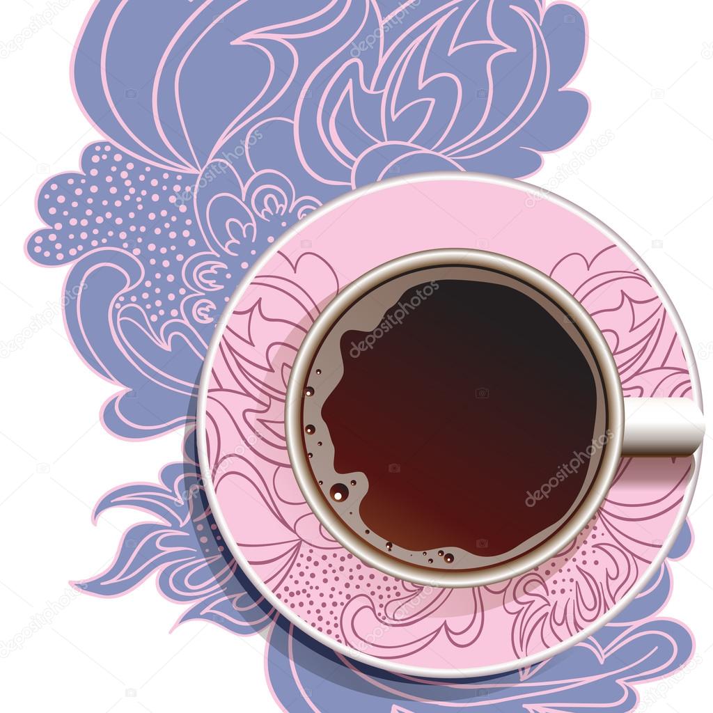 cup of coffee on floral ornament.