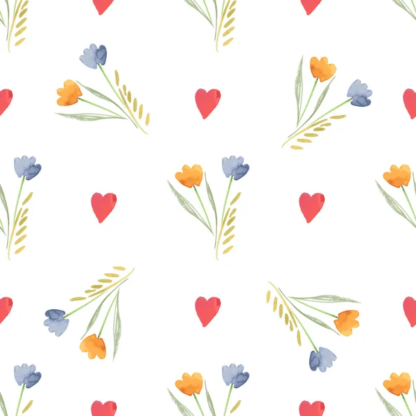 Flowers and Hearts Watercolor Seamless Pattern — Stock Vector