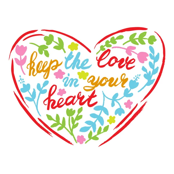 Calligraphie romantique au cœur avec des fleurs et des feuilles — Image vectorielle