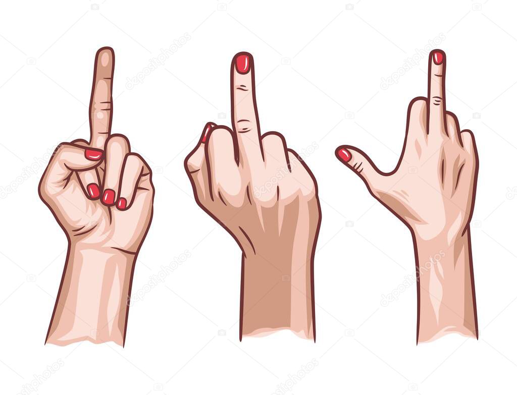 set of woman hand with middle finger up