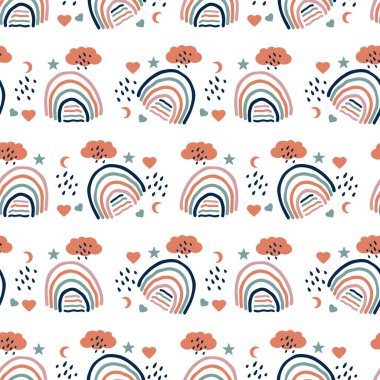 Beyaz arka planda izole edilmiş el yapımı, gökkuşağı desenli, modaya uygun bebek dokusu