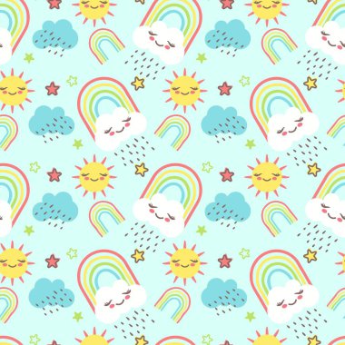 Gökkuşağı ve beyaz arka planda izole bebek dokusu ile el çizimi kusursuz desen