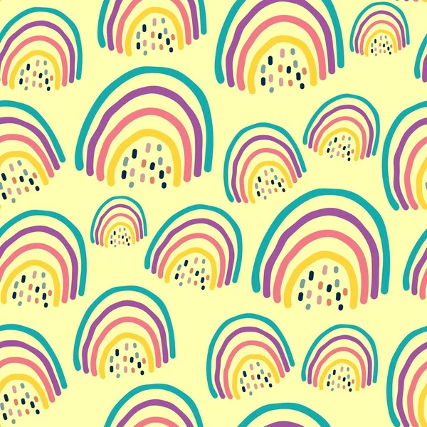 Hand Drawn Seamless Pattern Rainbows Trendy Baby Texture Isolated Yellow — Stock Vector