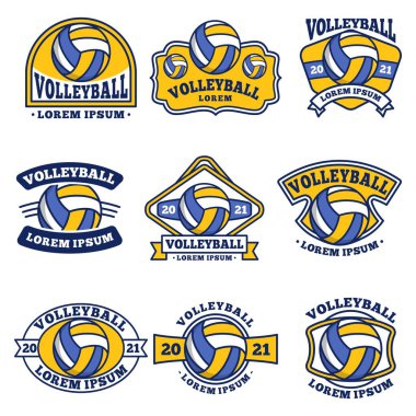 Voleybol logosu, amblem, rozet seti koleksiyonları, tasarımlar beyaz arkaplanda izole edilmiş şablonlar