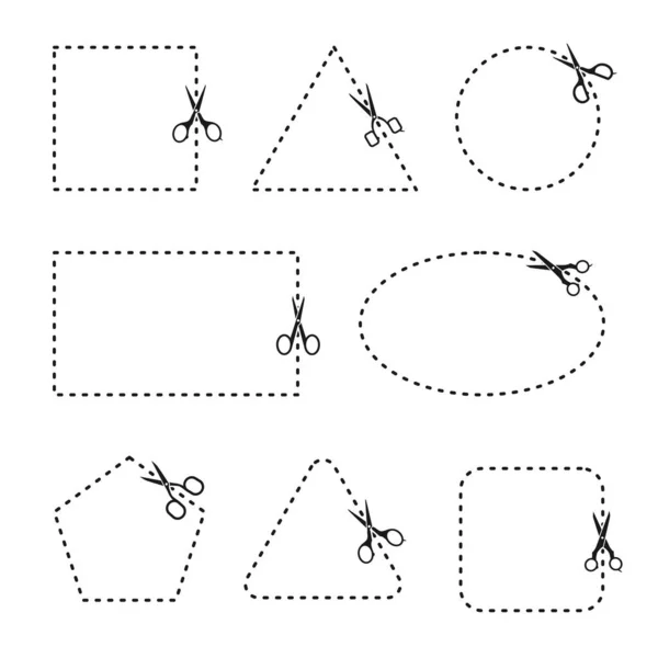 Juego Vectores Tijeras Corte Tijeras Con Líneas Corte Cuadrado Triángulo — Archivo Imágenes Vectoriales