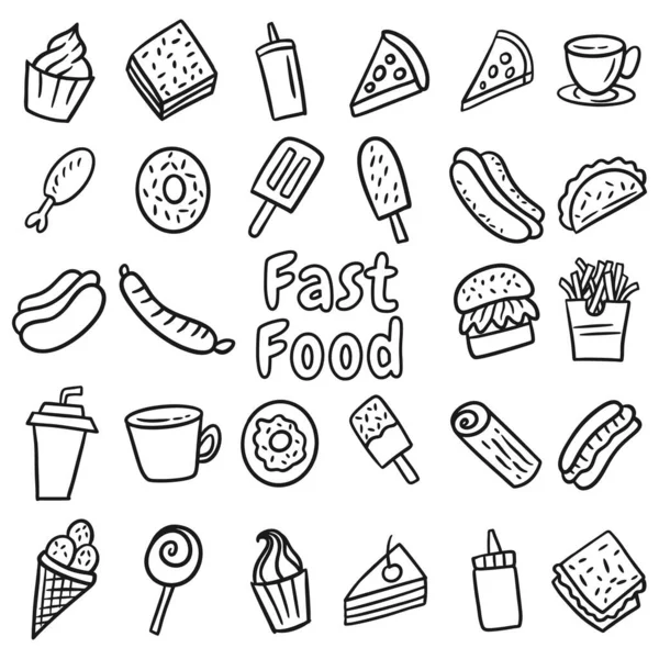 Set Doodle Comida Rápida Dibujado Mano Arte Línea Hecho Mano — Vector de stock