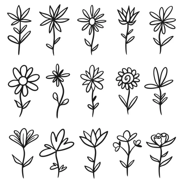 Conjunto Bocetos Garabatos Línea Dibujados Mano Elementos Florales Diseño Flores — Vector de stock