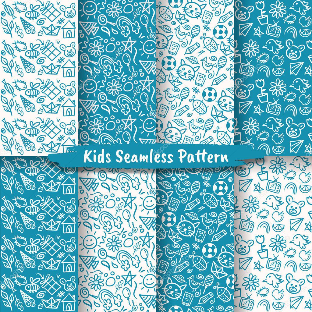 Set Of Hand Drawn Seamless Patterns for Kids, Doodle Kids Seamless Patterns