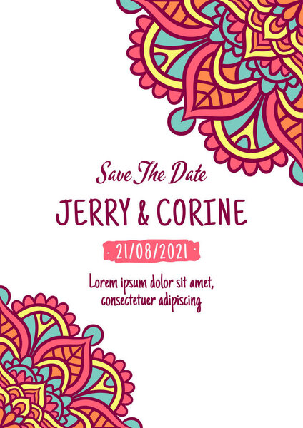 Vintage Wedding Invitation Card With Mandala Design Template, Save The Date