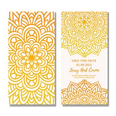 Mandala gradyan tasarımlı klasik düğün davetiyesi. Mandala düğün davetiye şablonu