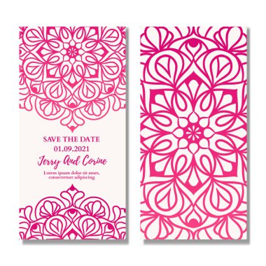 Mandala gradyan tasarımlı klasik düğün davetiyesi. Mandala düğün davetiye şablonu