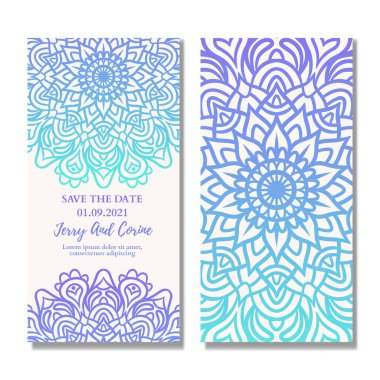 Mandala gradyan tasarımlı klasik düğün davetiyesi. Mandala düğün davetiye şablonu