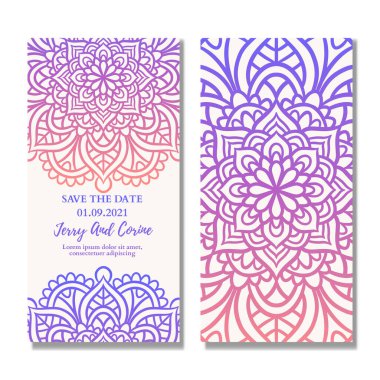 Mandala gradyan tasarımlı klasik düğün davetiyesi. Mandala düğün davetiye şablonu
